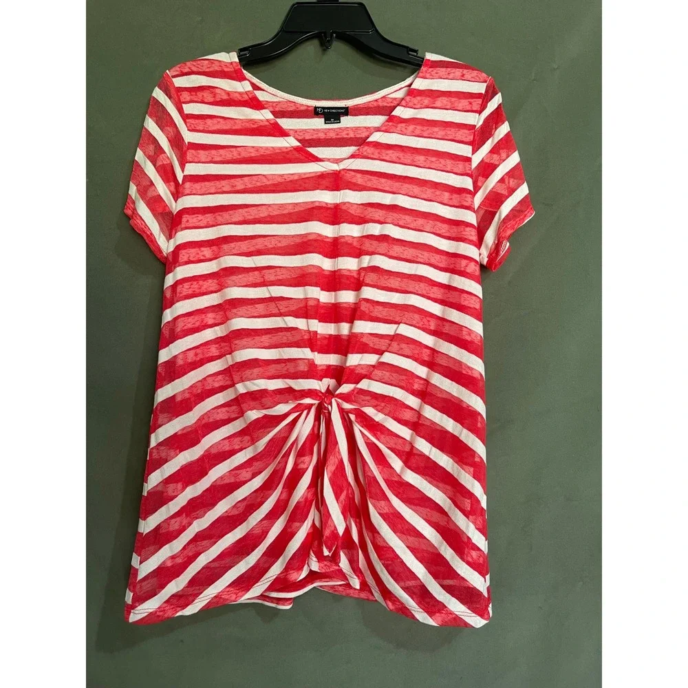 New Directions Women Red White Striped Twist Front V-Neck Short Sleeve Top M